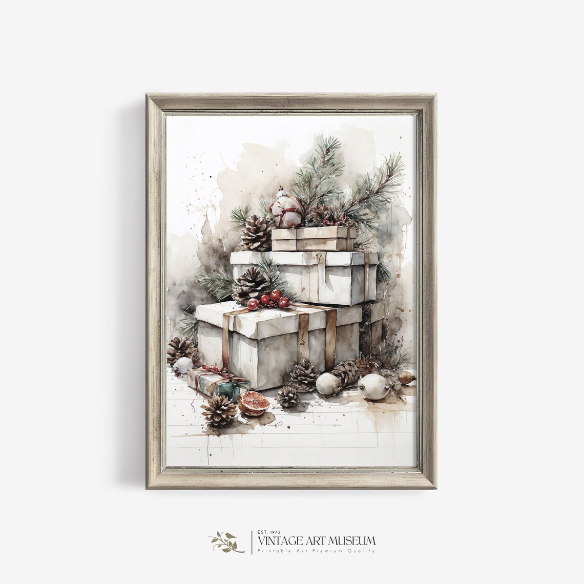 Neutral Christmas Still Life Watercolor Art Print