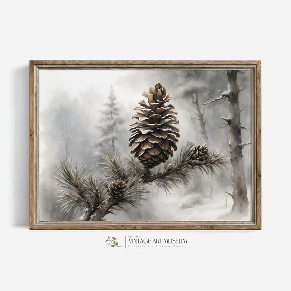 Detailed Pine Cone on Snowy Pine Branch in Gray Winter Mist Poster