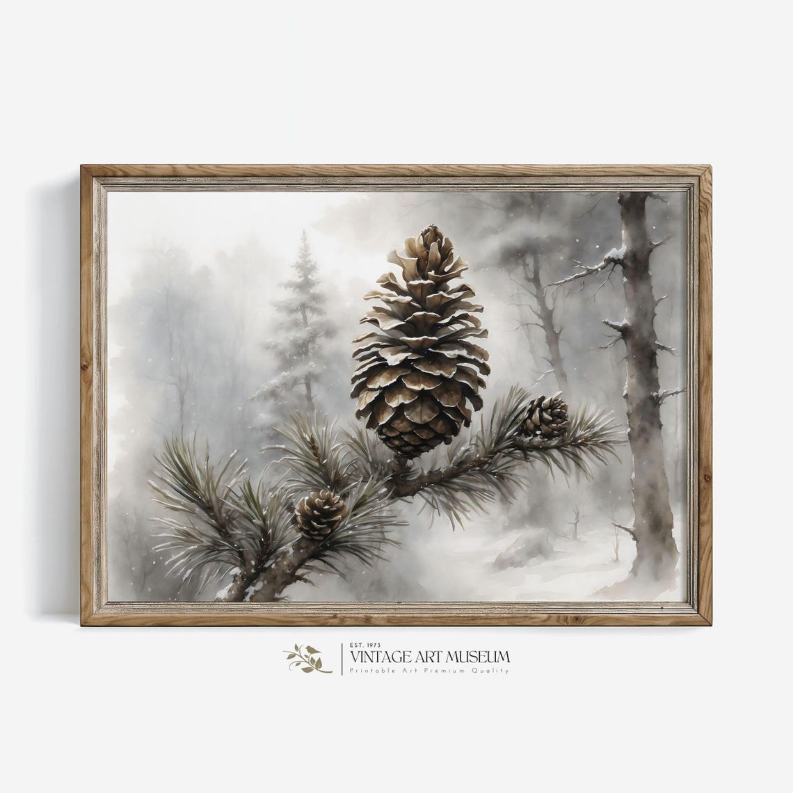 Detailed Pine Cone on Snowy Pine Branch in Gray Winter Mist Poster