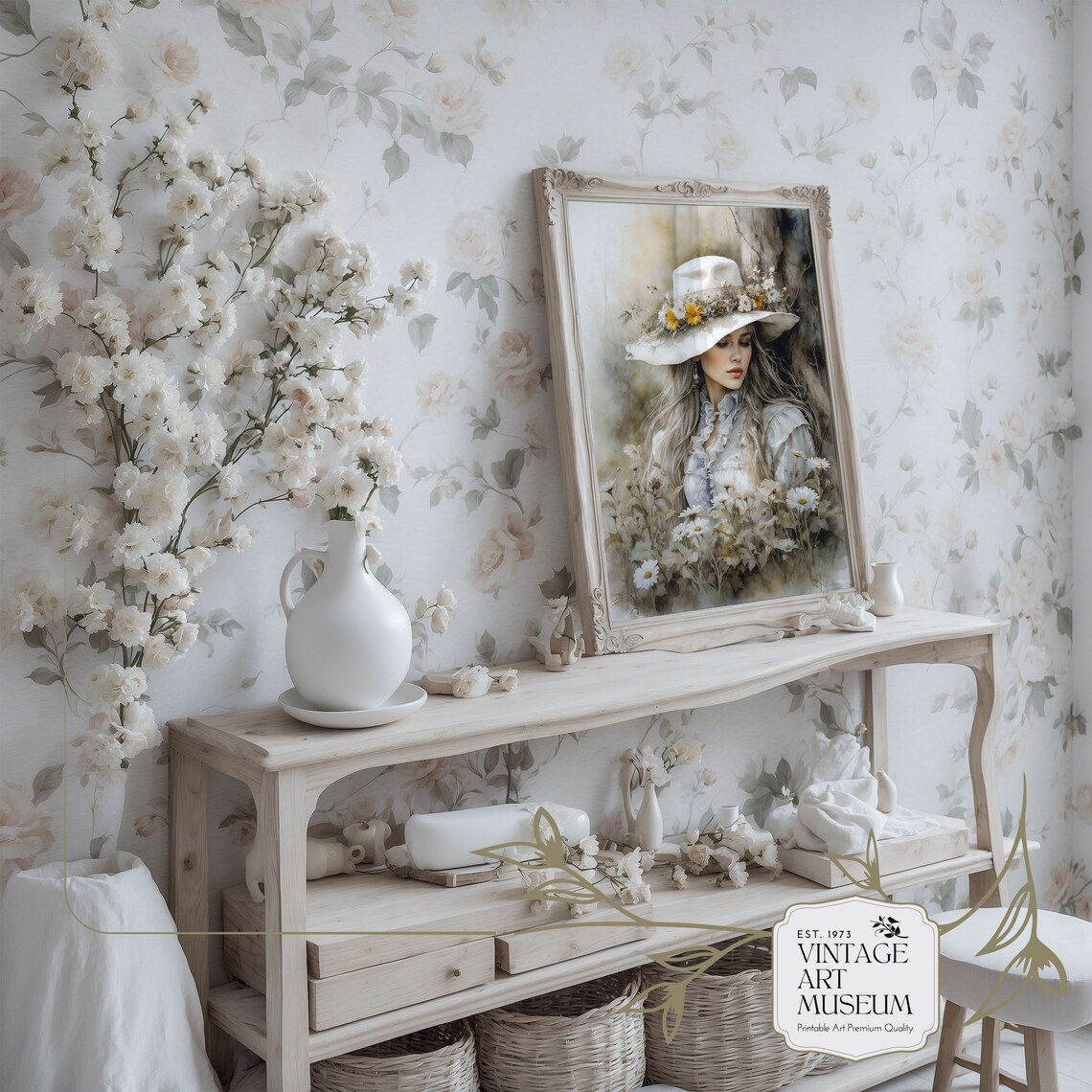 Woman In White Flower Hat Daisy Field Dreamy Watercolor Portrait Poster - Image 2