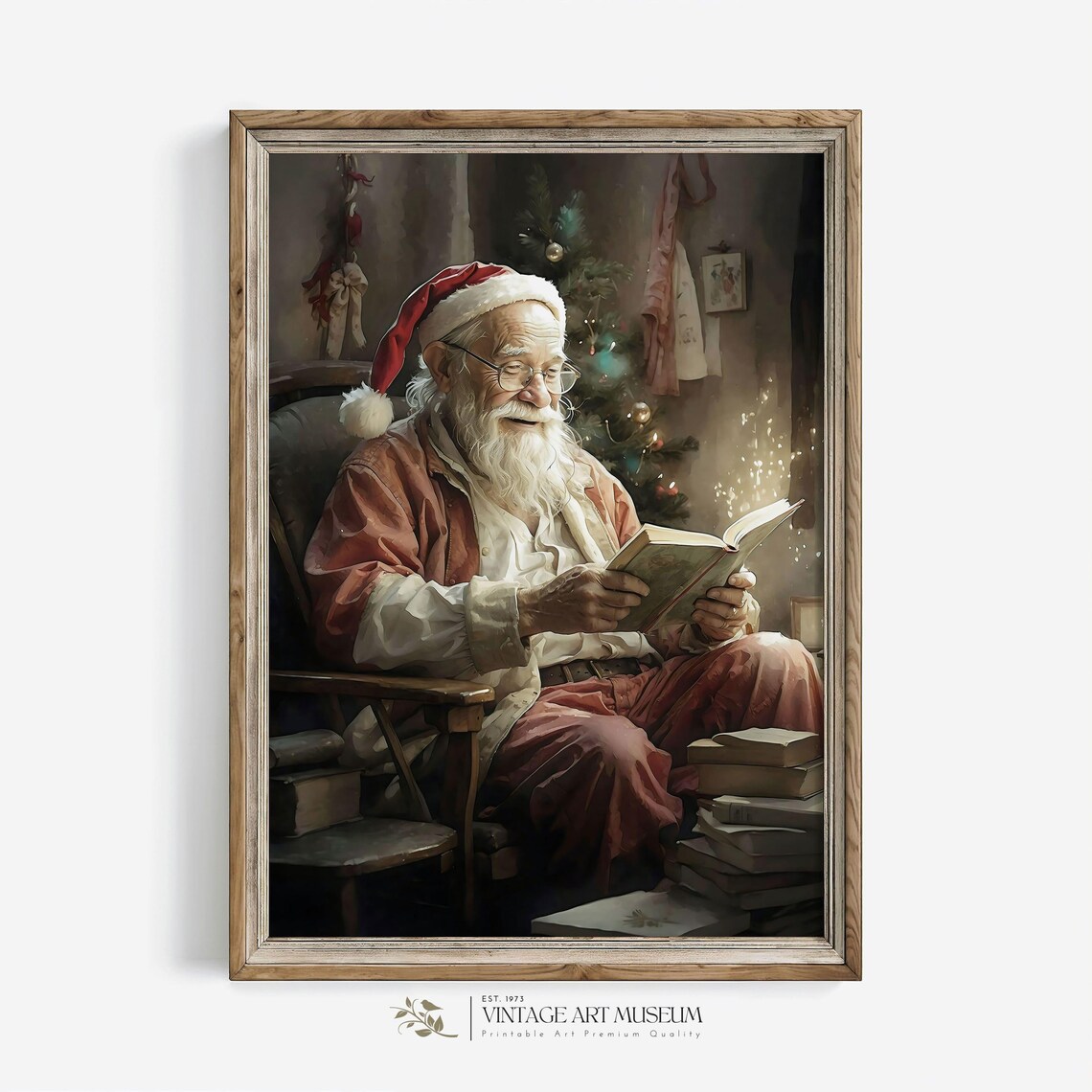 Santa Claus Reading A Book By The Christmas Tree Vintage Art Poster