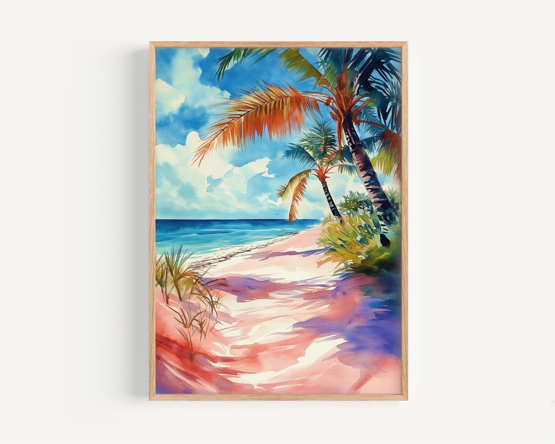 Pink Sands Beach Watercolor Painting Art Print, Bahamas