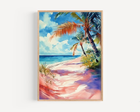 Pink Sands Beach Watercolor Painting Art Print, Bahamas