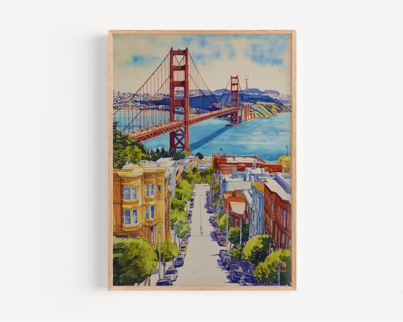 San Francisco Watercolor Painting Wall Art Travel Print Poster Decor Illustration Home Usa
