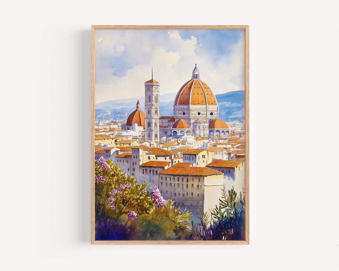 Florence Cathedral Duomo Terracotta Dome Watercolor Skyline Poster