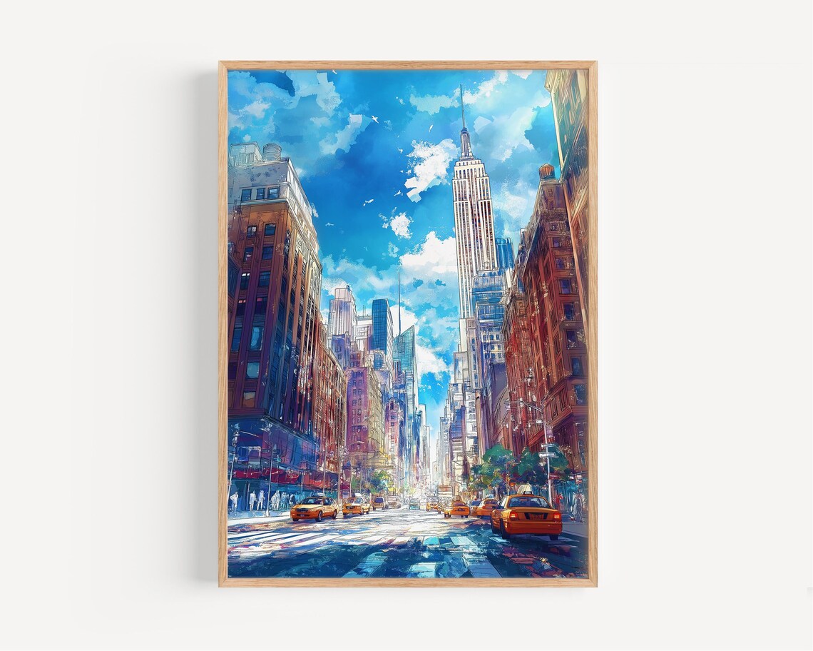 New York City Street Watercolor Empire State Building Travel Poster