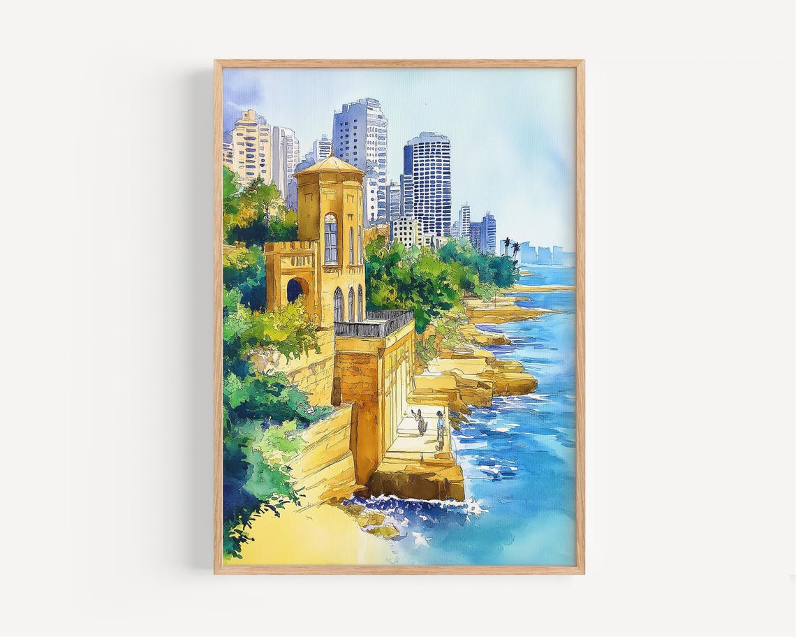 Beirut Coastal Skyline Watercolor Old Tower By The Sea Art Poster