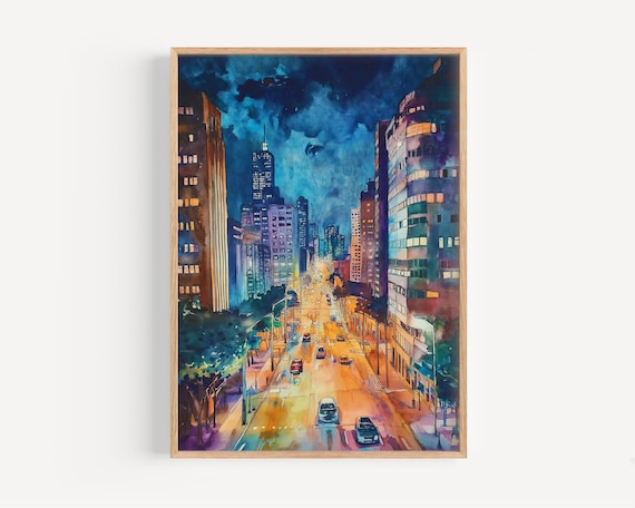 Sao Paulo Downtown Night Avenue Watercolor Brazil Cityscape Poster