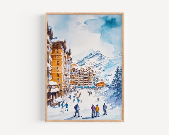 Avoriaz Ski Resort Watercolor Snowy Street Skiers France Travel Poster