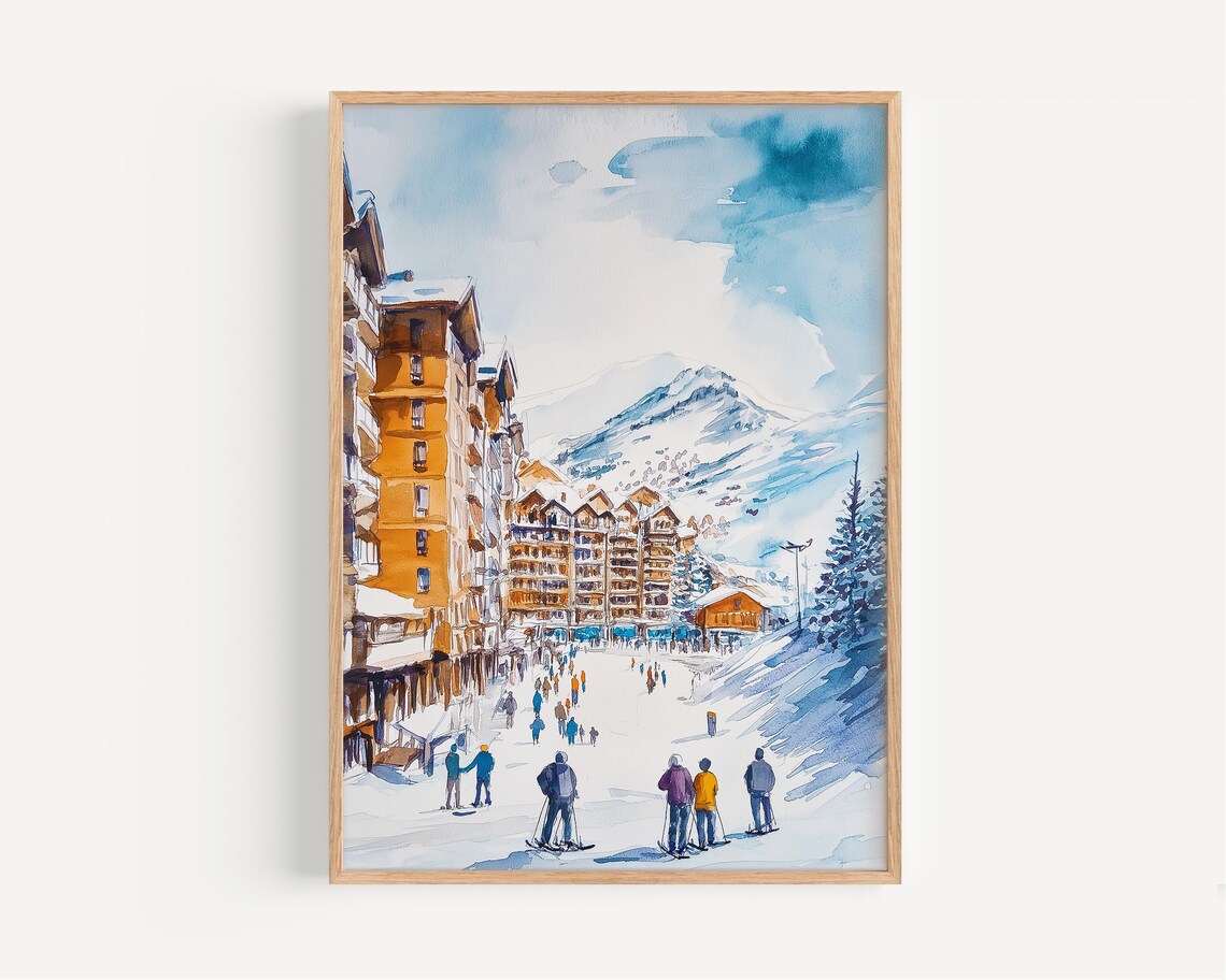 Avoriaz Ski Resort Watercolor Snowy Street Skiers France Travel Poster