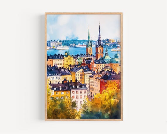 Sweden Watercolor Painting Wall Art Print Stockholm Poster Travel Decor Illustration Home Swedish