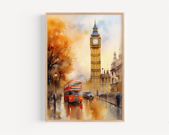 Big Ben London Watercolor Print Red Bus Cityscape Art Uk Travel Poster British Landmark Wall Decor Street Painting