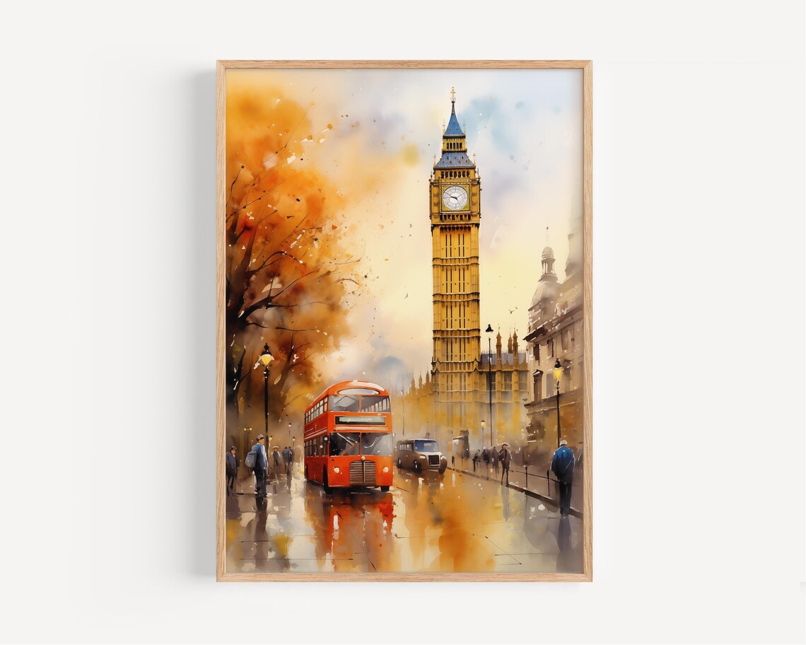 Big Ben London Watercolor Red Bus Autumn Street UK Travel Poster