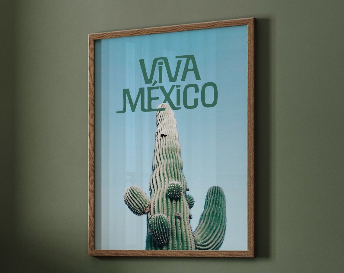 Viva Mexico Saguaro Cactus Blue Sky Minimalist Modern Travel Poster