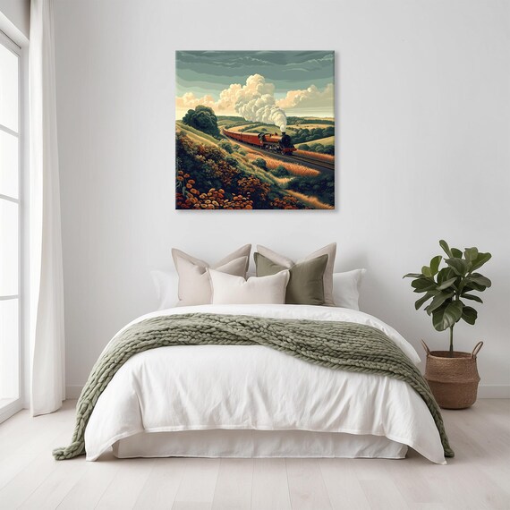 Steam Locomotive Through Countryside Fields Retro Travel Wall Art