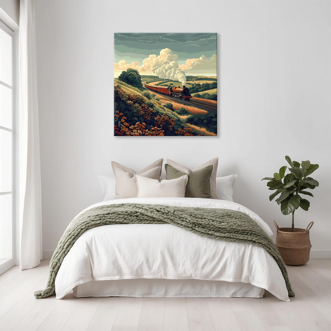 Steam Locomotive Through Countryside Fields Retro Travel Wall Art