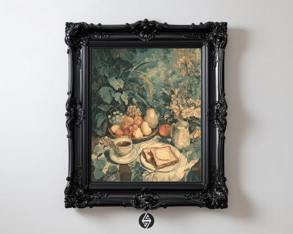 Vintage Kitchen Still Life Print Fruit Coffee Breakfast Art Rustic European Bistro Decor Wall