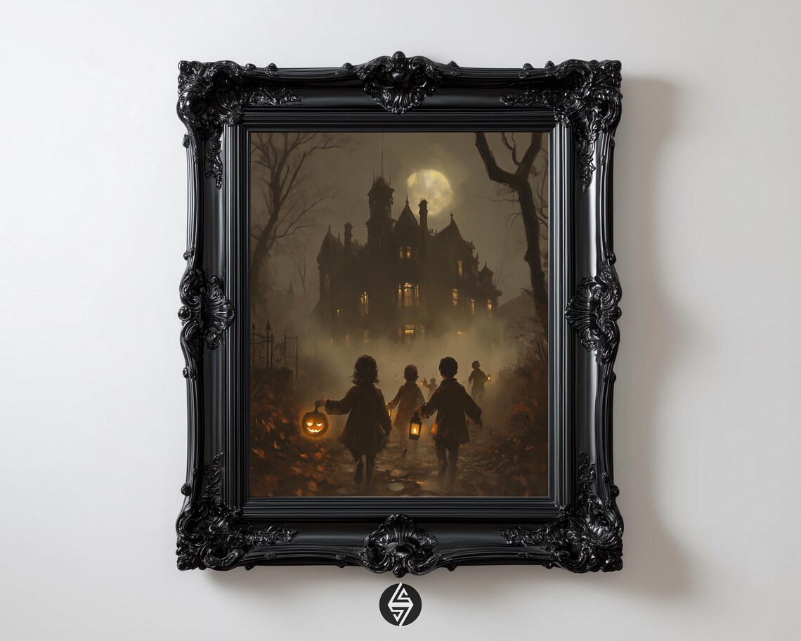 Children With Lanterns Walking to Haunted Manor Art Print