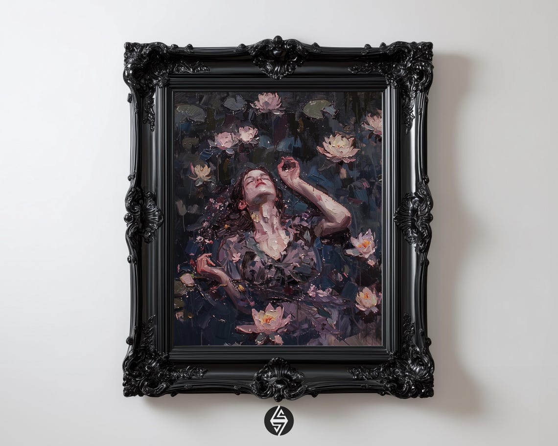 Ophelia In Waterlilies Dark Romanticism Floral Bath Preraphaelite Inspired Oil Style Gothic Wall Art Instant