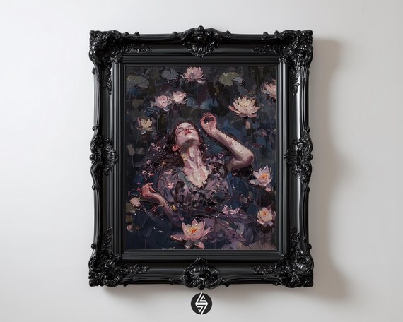 Ophelia In Waterlilies Dark Romanticism Floral Bath Preraphaelite Inspired Oil Style Gothic Wall Art Instant