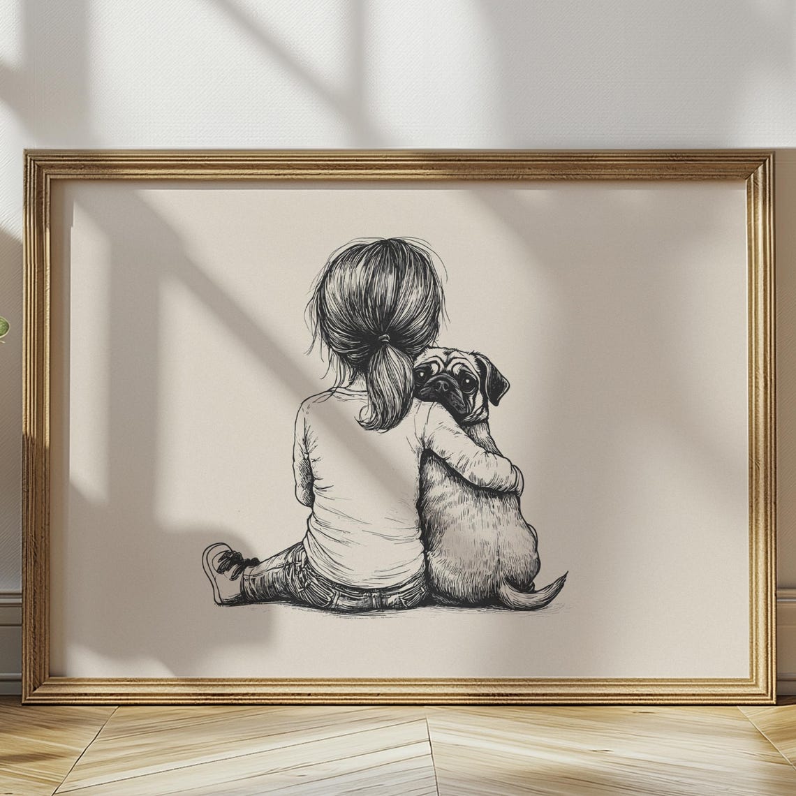 Girl With Pug Nursery Print Dog Vintage Decor Pug Sketch Puppy Nursery Art Country Wall Decor Neutral Dog Drawing Dog Wall Art Poster - Image 3