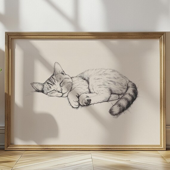 Sleeping Tabby Cat Curled Up Cozy Fine Line Art Sketch Poster
