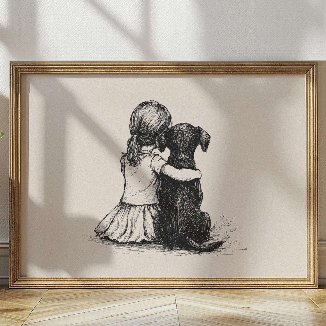 Girl With Dog Nursery Art Puppy Sketch Dog Vintage Poster Girls Room Dog Painting Country Wall Decor Neutral Dog Drawing Dog Wall Art