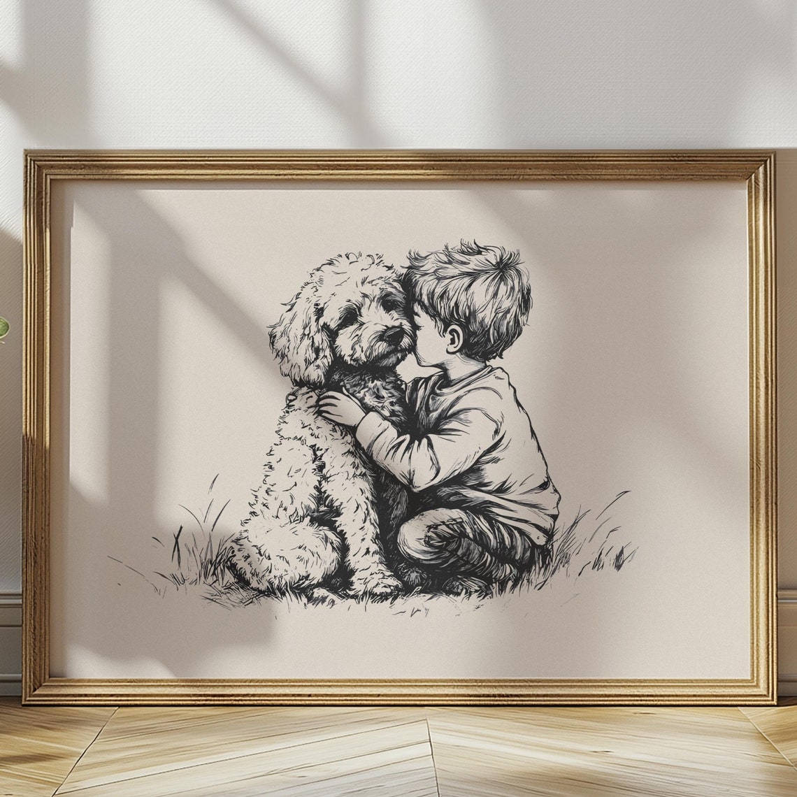 Nursery Boy And A Goldendoodle Print Dog Vintage Poster Retro Painting Farmhouse Wall Decor Country Wall Art Dog Drawing Dog Wall Art