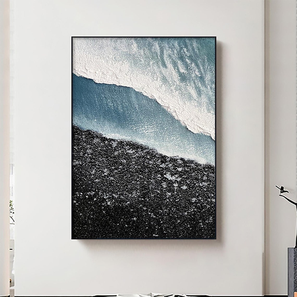 Blue Ocean Wave Foam Aerial View on Black Pebble Beach Poster