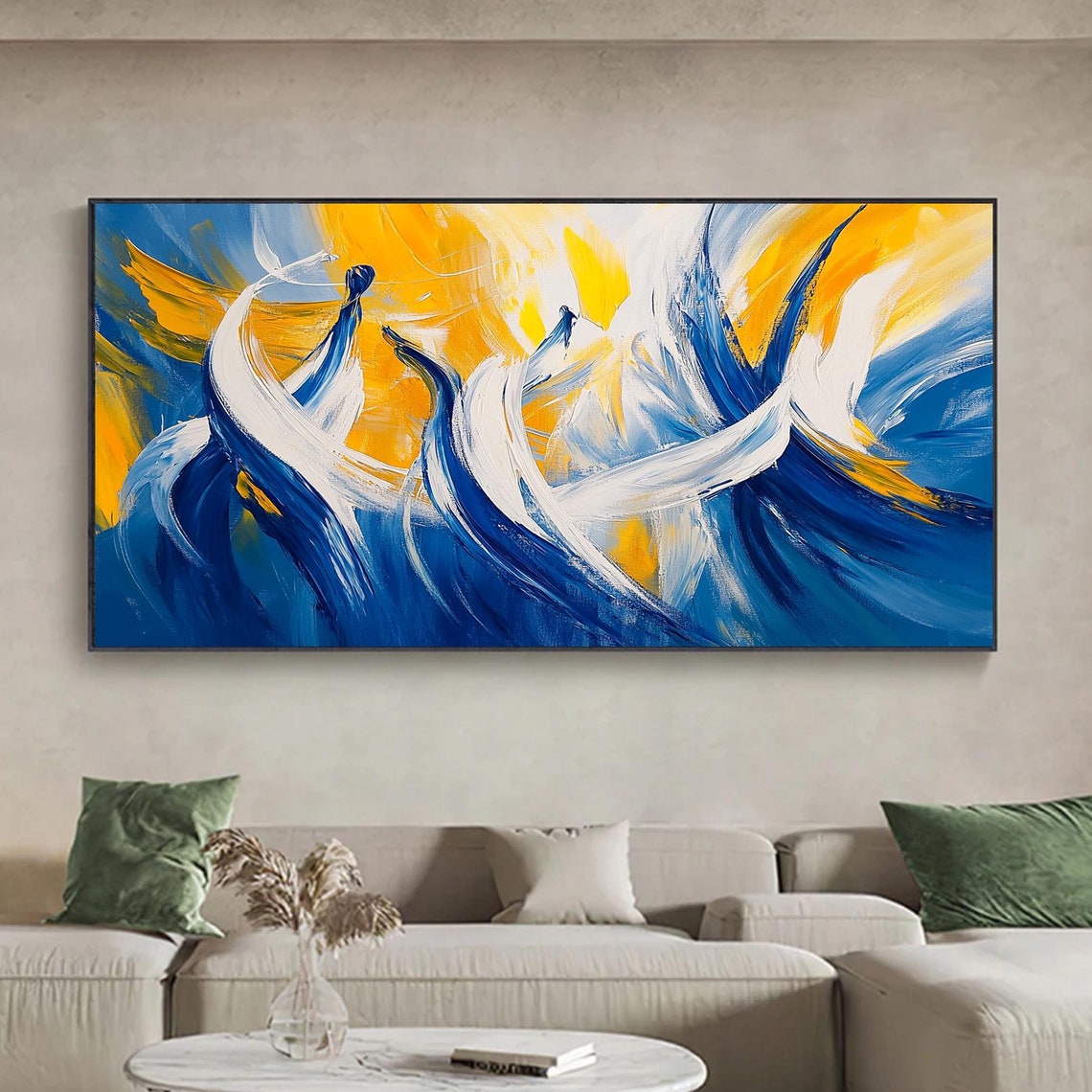 Blue White Gold Swirl Abstract in Dynamic Motion Painting Wall Art