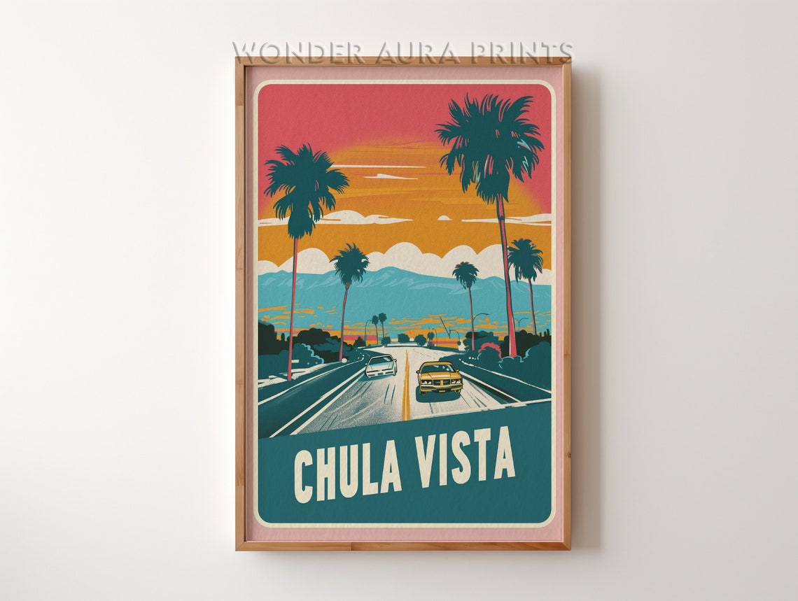 Chula Vista Sunset Palm Tree Road Retro California Travel Poster