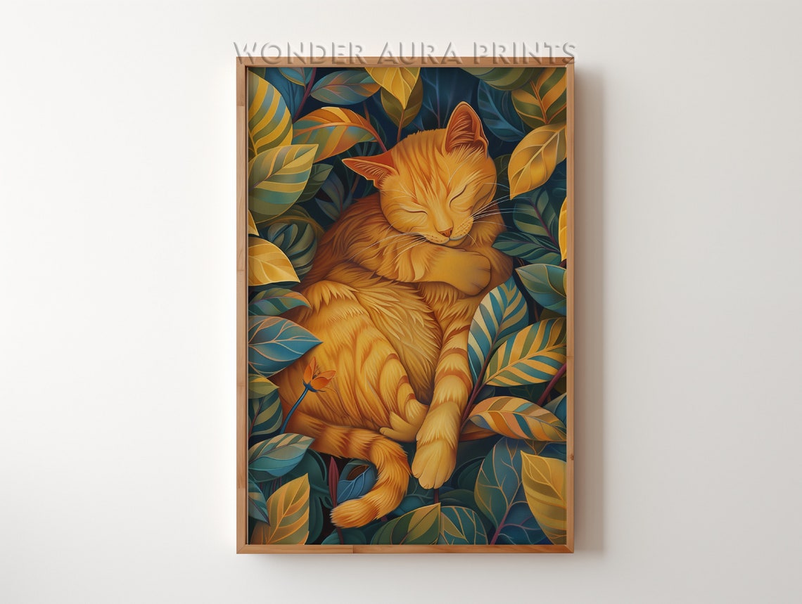 Ginger Tabby Cat Sleeping In Lush Tropical Jungle Leaves Art Poster