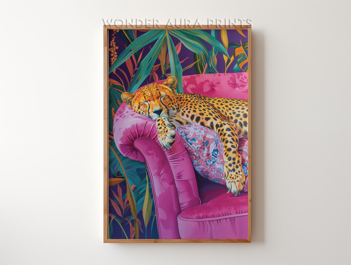 Sleeping Spotted Big Cat On Pink Chaise Lounge Maximalist Poster