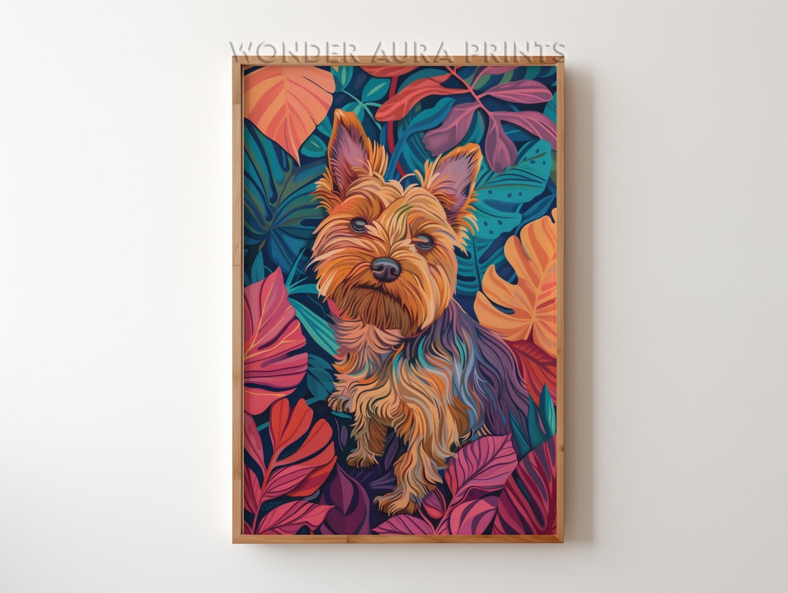 Little Yorkshire Terrier Dog in Tropical Jungle Leaves Art Print