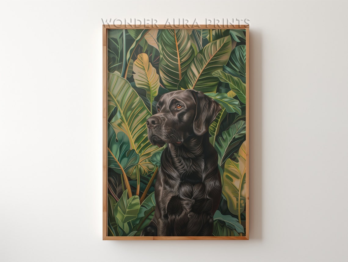 Black Labrador Retriever Tropical Jungle Leaves Decor Poster