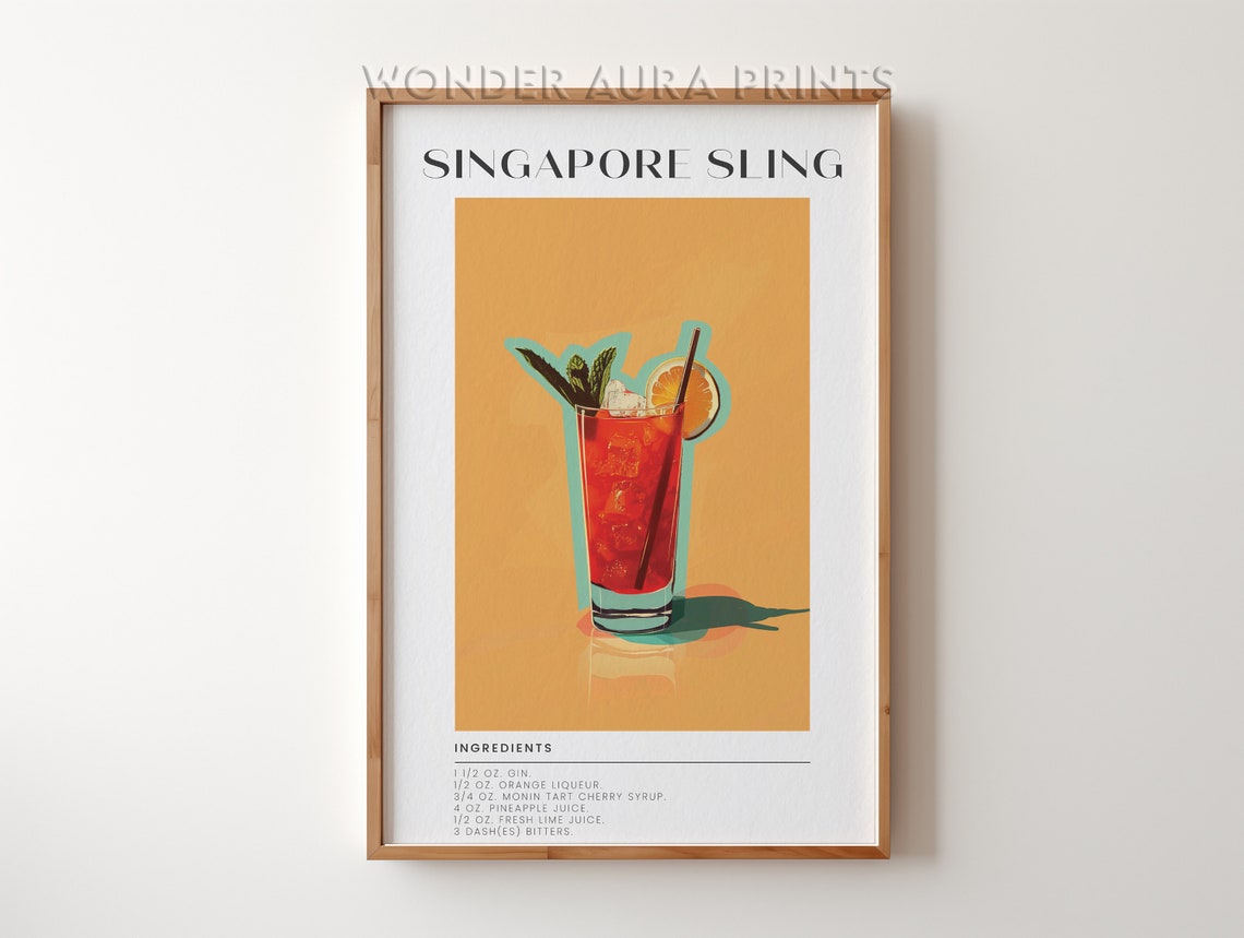 Singapore Sling Cocktail Recipe Vintage Style Bar Wall Print