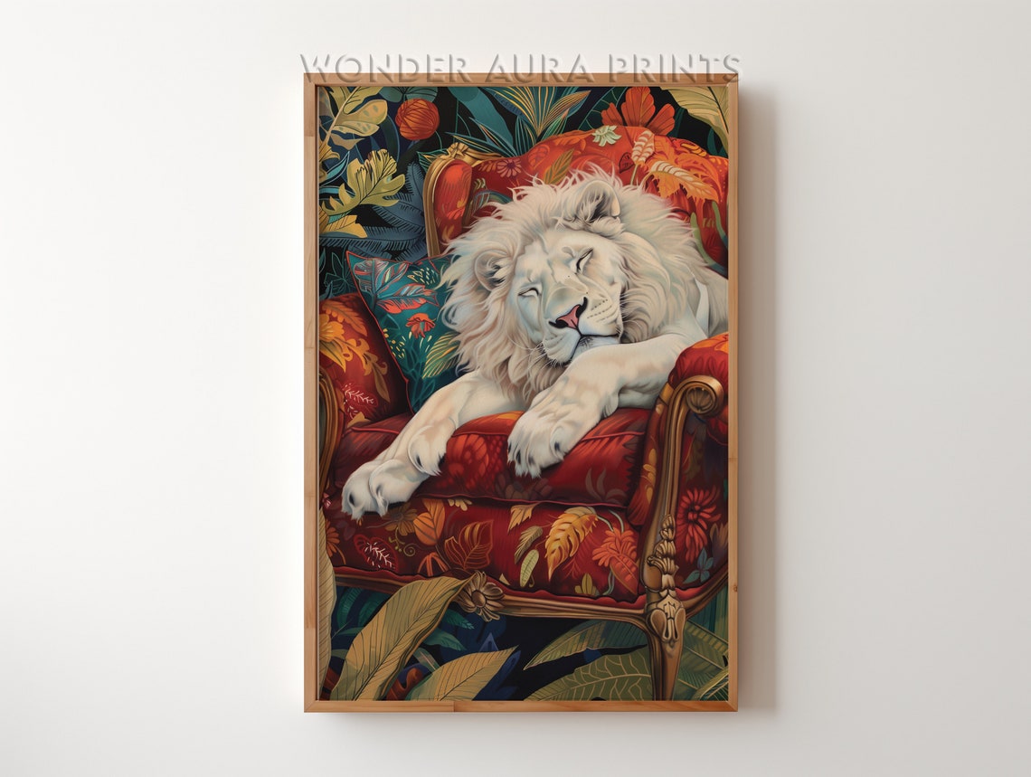 Sleeping White Lion on a Red Vintage Chair in a Jungle Wall Art