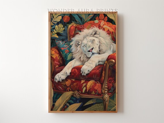 Sleeping Albino Lion Maximalist Bedroom Wall Art Dopamine Decor Jungle Wonder Aura Prints