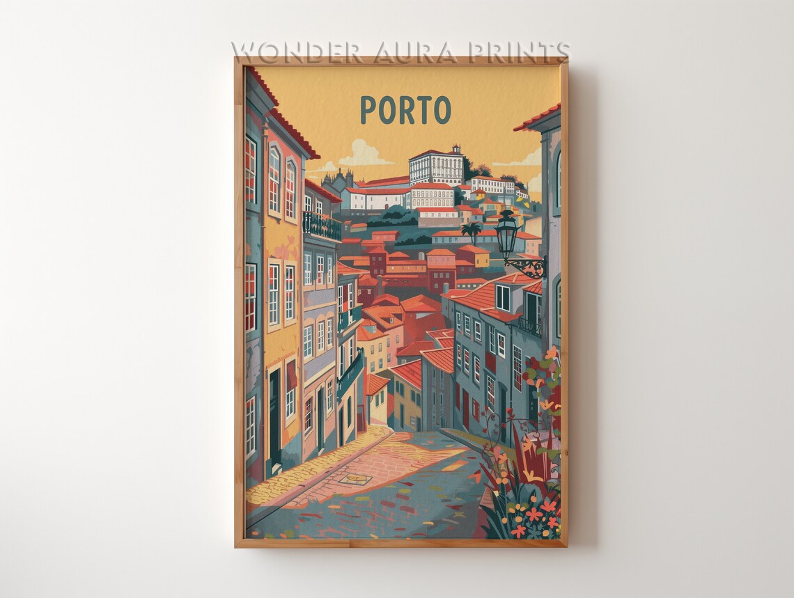 Porto Golden Hour Terraced Old Town Street Portugal Travel Poster