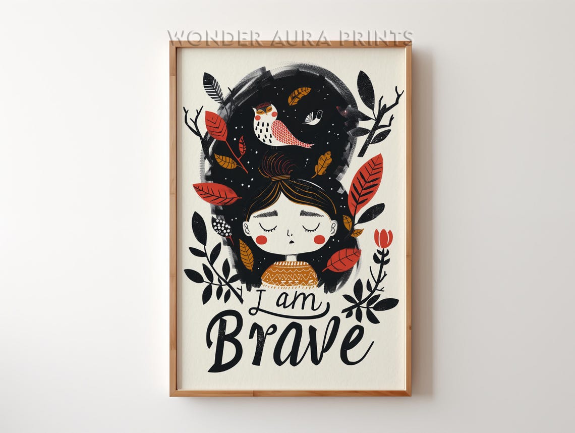 I Am Brave Autumn Girl With Owl Boho Kids Affirmation Poster