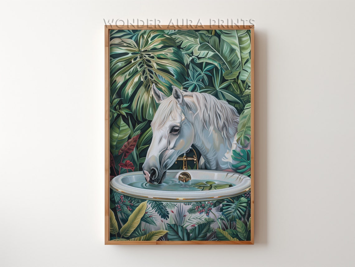 White Horse Drinking from a Garden Bathtub Tropical Jungle Art Print