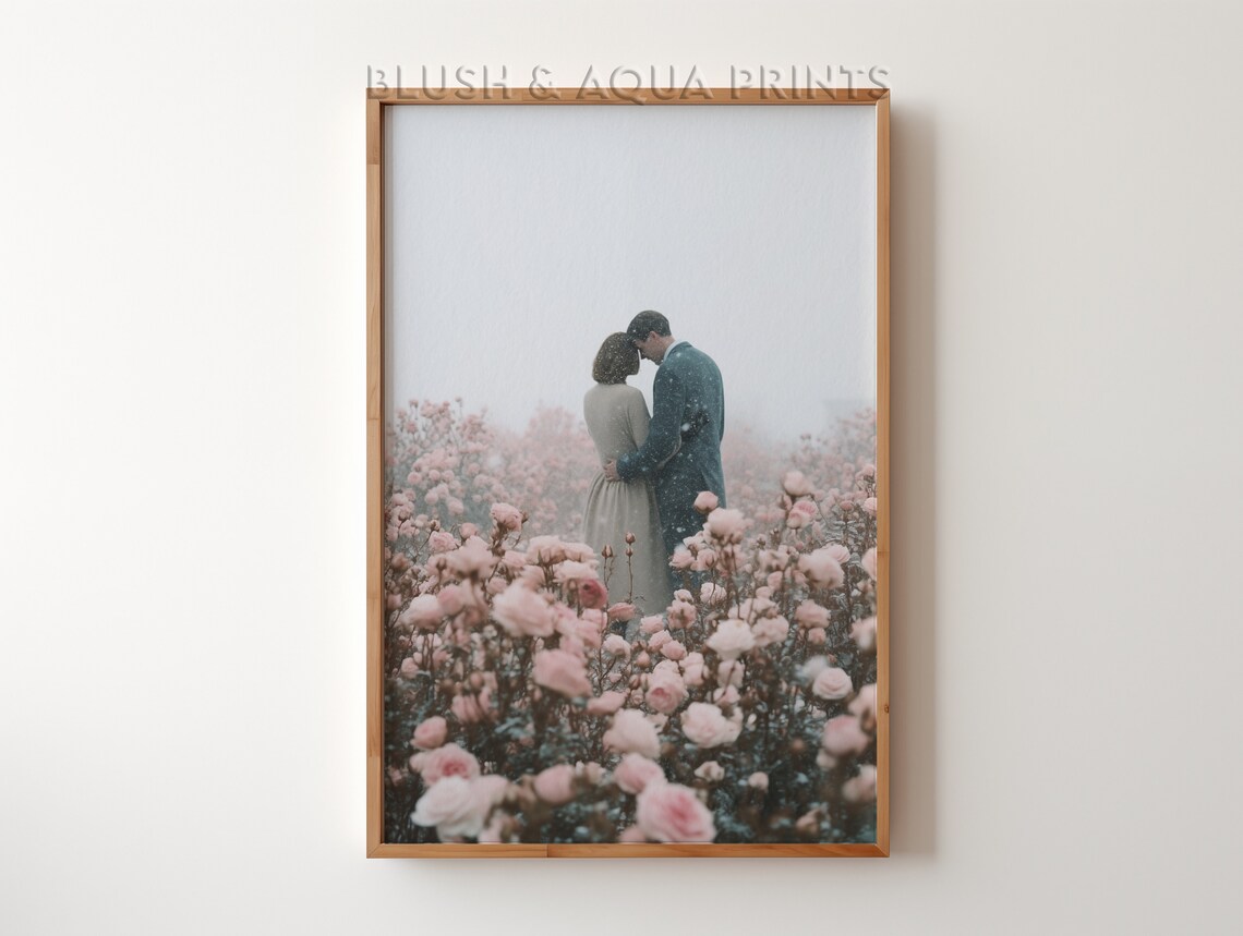 Romantic Couple in Pink Rose Garden Vintage Love Story Poster