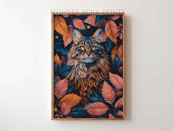 Maine Coon Cat Surrounded by Jungle Leaves Maximalist Art Print