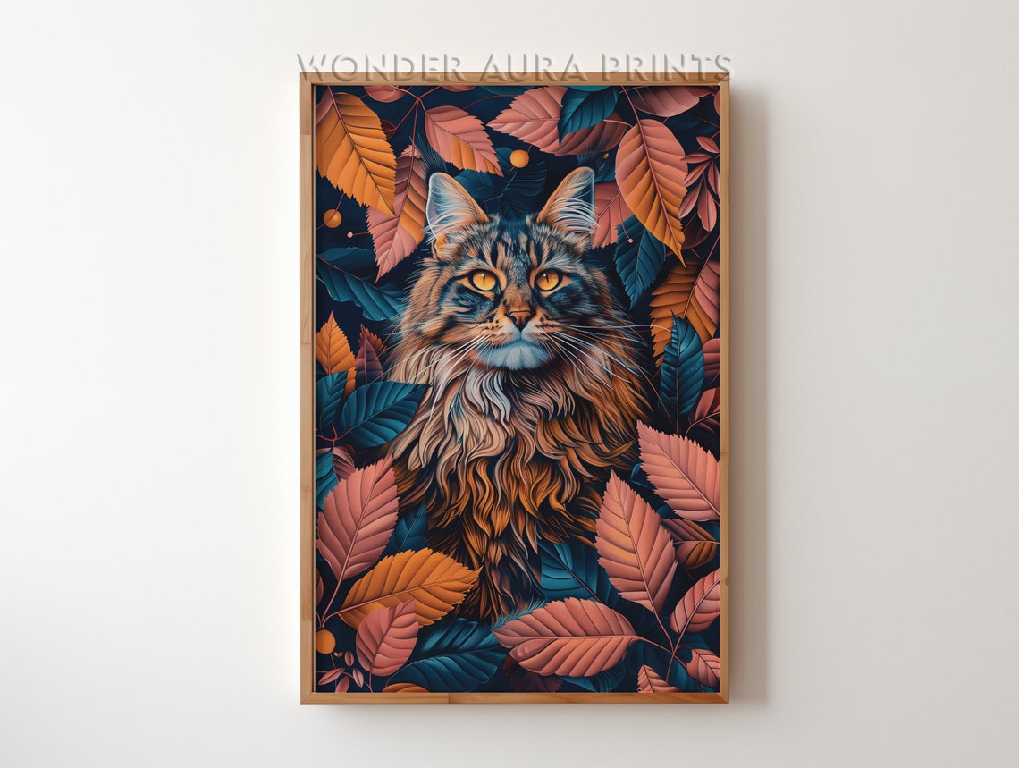 Maine Coon Cat Surrounded by Jungle Leaves Maximalist Art Print
