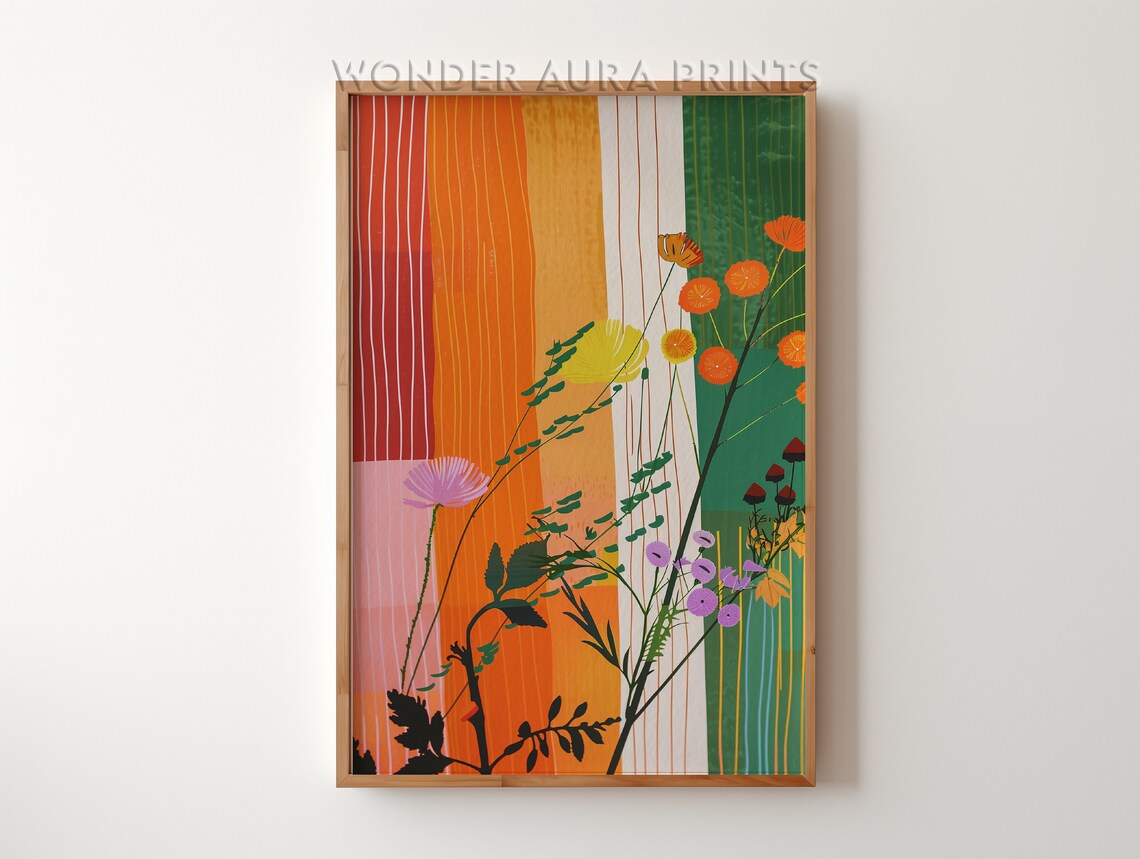 Colorful Wildflower Botanical Art Striped Sunset Maximalist Poster