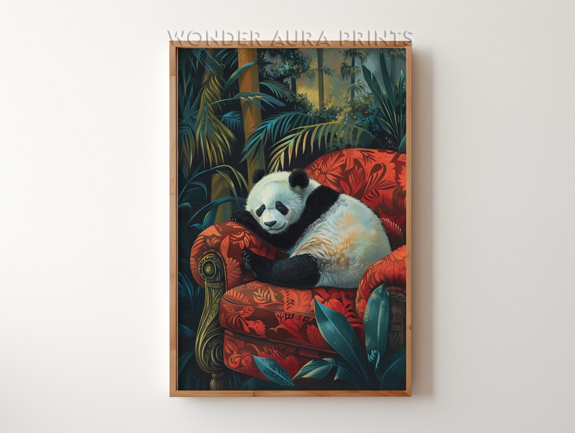 Sleeping Panda Bear Lounging on Red Victorian Armchair Poster