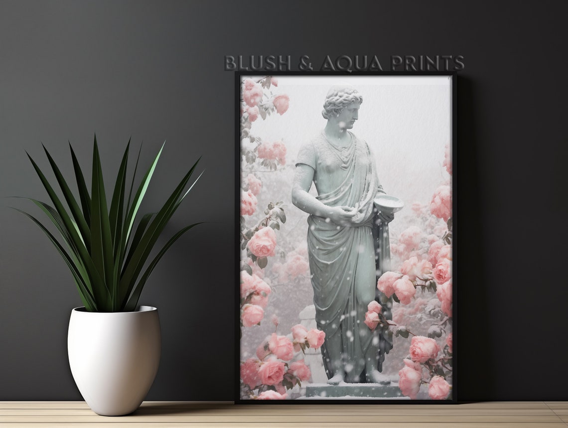 Classical Venus Goddess Statue Surrounded by Pink Roses Poster