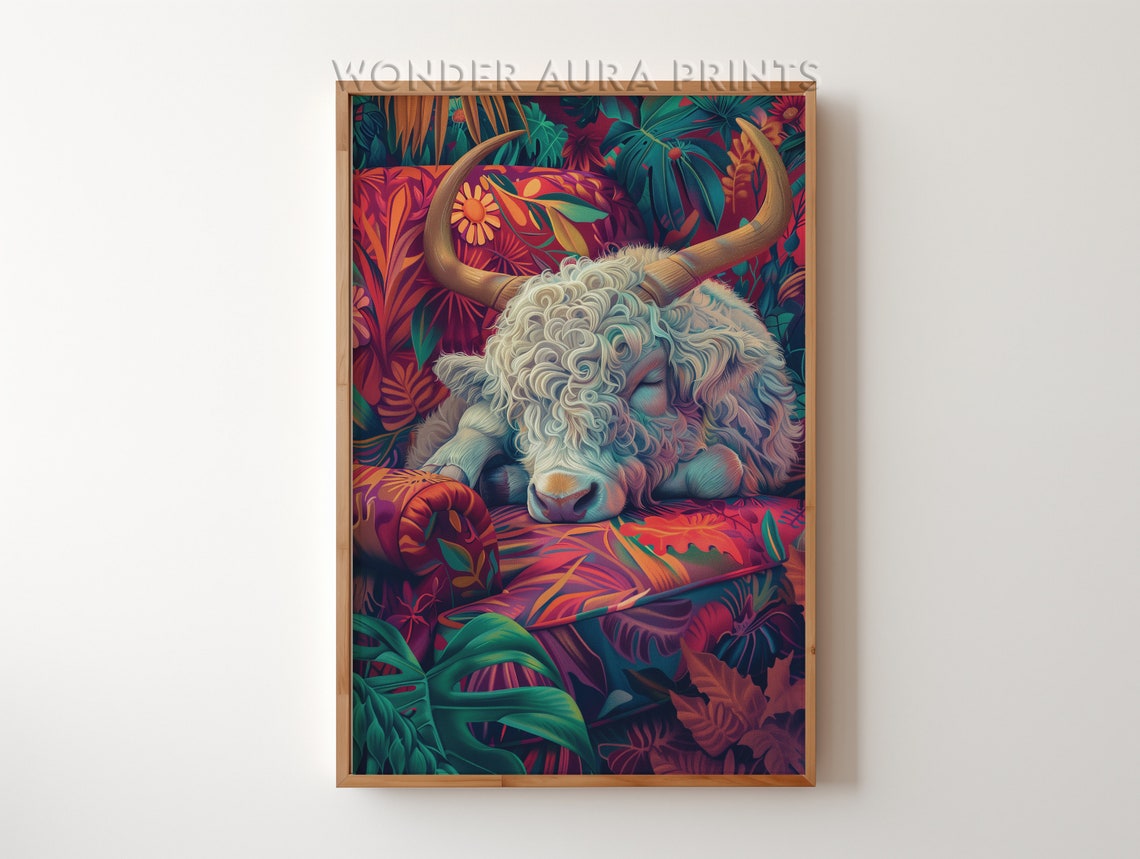 Sleepy Highland Cow on Floral Couch in Tropical Jungle Art Poster