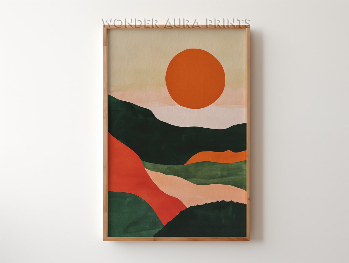 Abstract Burnt Orange Sun Over Green Hills Modern Art Poster