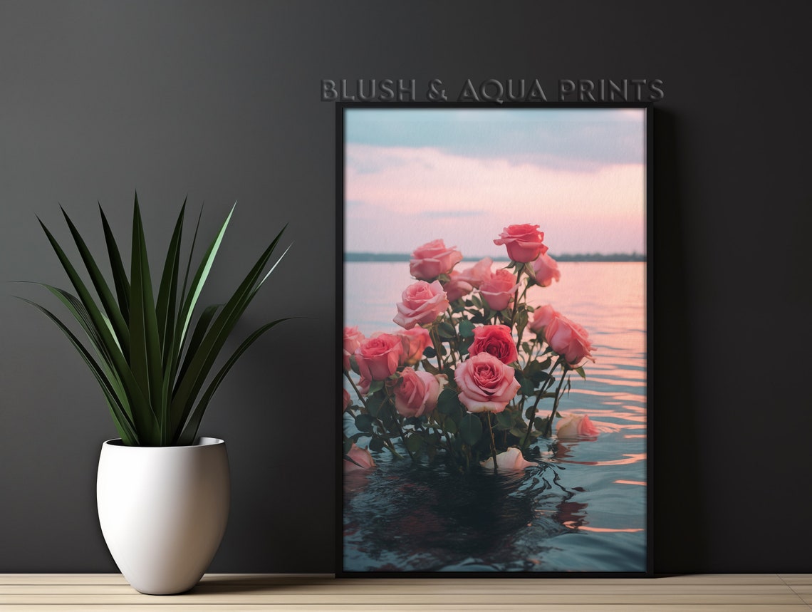 Pink Roses Floating on Water at Sunset Dreamy Romantic Poster